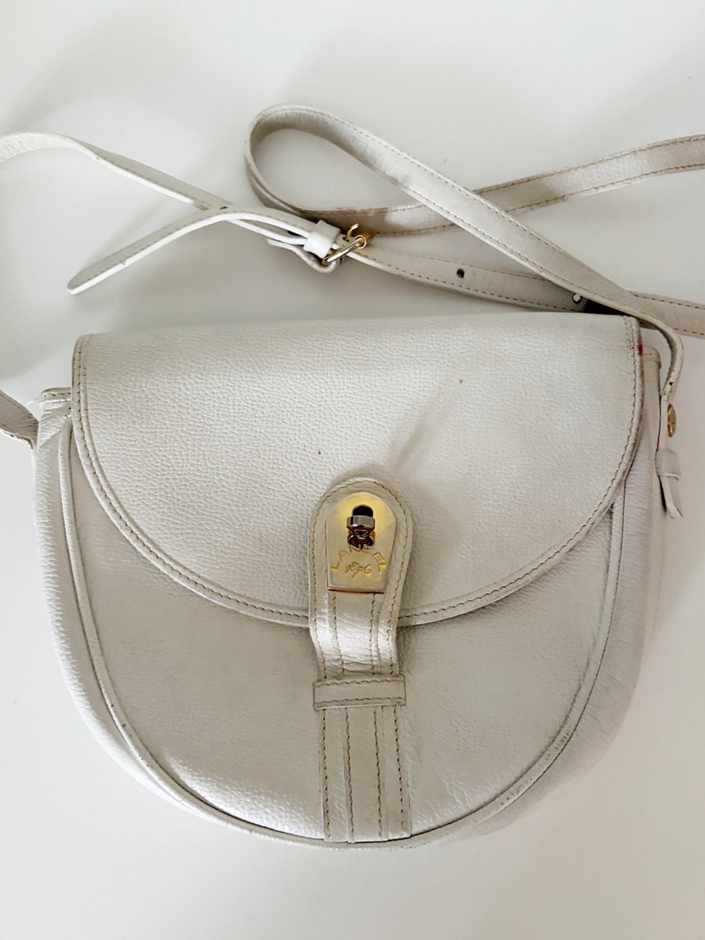 Vintage Lancel Paris White Leather Saddle Crossbody Bag with Gold Hardware